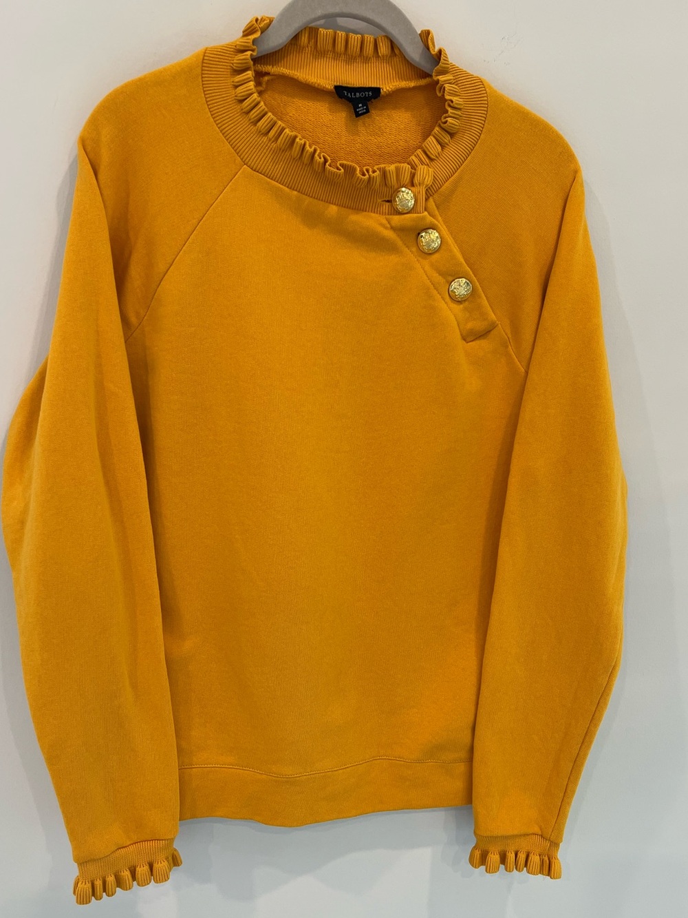 Talbots Mustard Ruffle-Trim Crewneck Sweater with Decorative Buttons